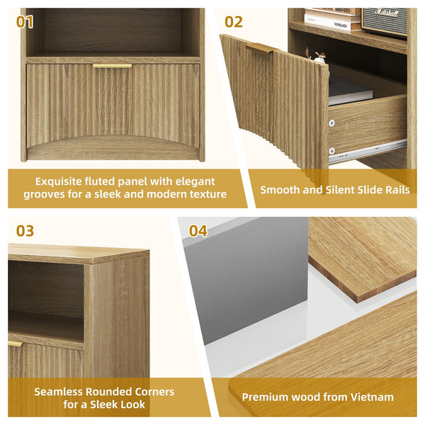 Fluted Nightstand Set of 2 with Drawer & Open Shelf
