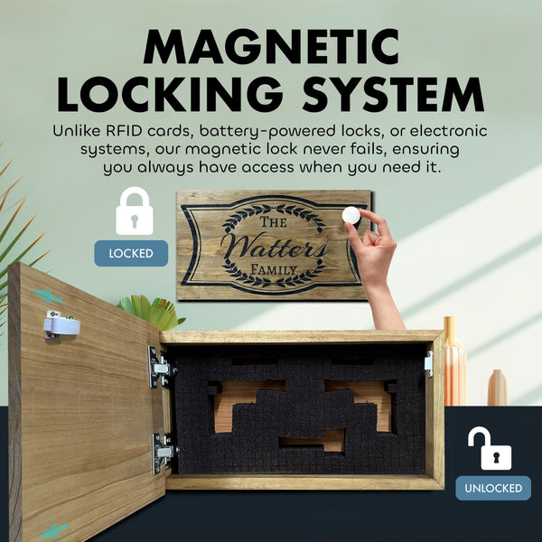 Concealment Shelf Hidden Gun Safe with Magnetic Lock – Custom Laser Engraved Wood