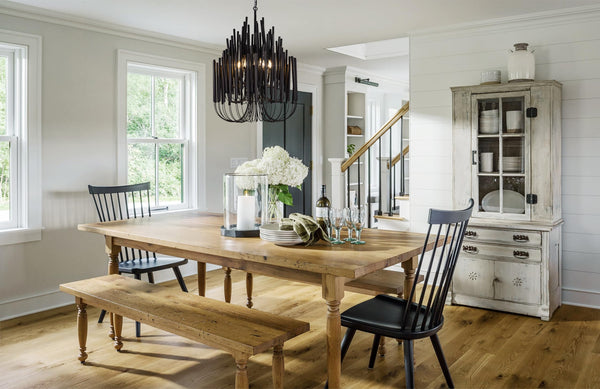 6-Light Boho Wood Chandelier – Black Iron & Wood Pendant