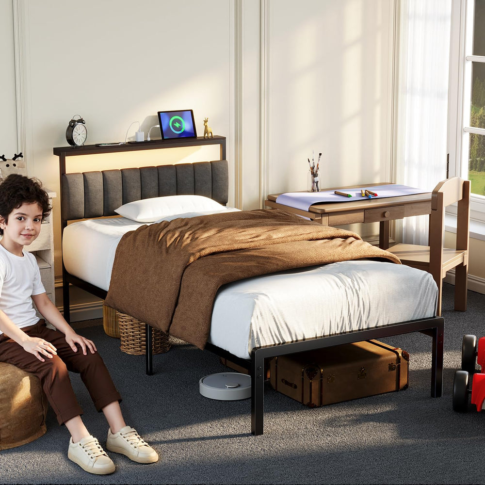 Twin Bed Frame with Headboard, LED Lights & Charging Station