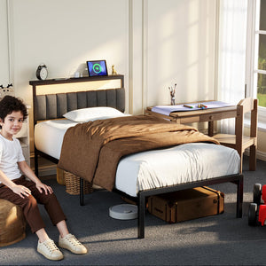 Twin Bed Frame with Headboard, LED Lights & Charging Station