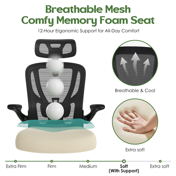 Ergonomic Mesh High-Back Office Chair with Lumbar Support, Headrest & Flip-Up Armrests