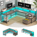 L-Shaped Corner Desk with File Drawer, LED Lights & Monitor Shelf