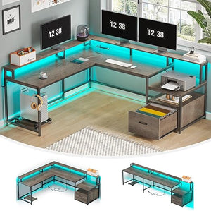 L-Shaped Corner Desk with File Drawer, LED Lights & Monitor Shelf