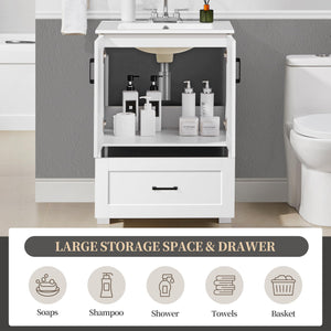 24.5" Freestanding Bathroom Vanity with Ceramic Sink, 2 Doors & Drawer – White