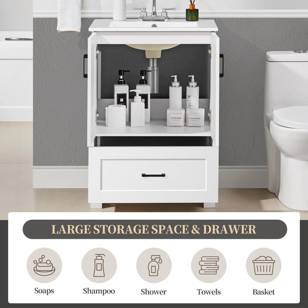 24.5" Freestanding Bathroom Vanity with Ceramic Sink, 2 Doors & Drawer – White