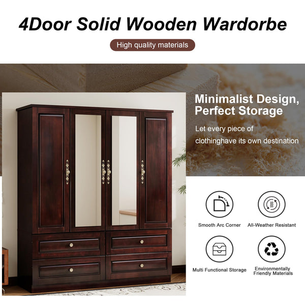 4-Door Solid Wood Armoire Wardrobe with Drawers & Hanging Rods