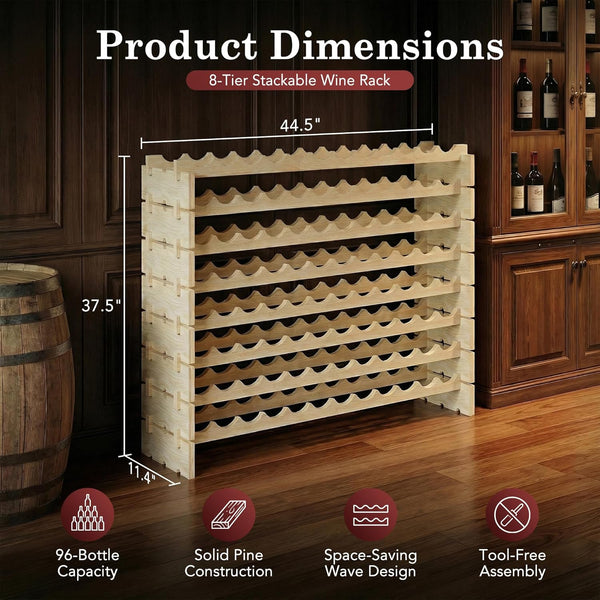 Wooden Wine Rack Freestanding Stackable – 72 or 96 Bottle
