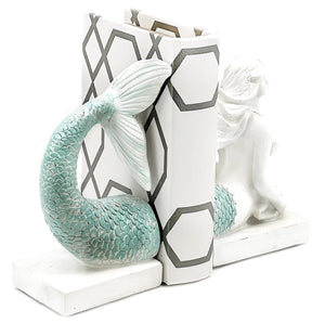 Mermaid Bookends Antique White Shelf Decor 9 Inch