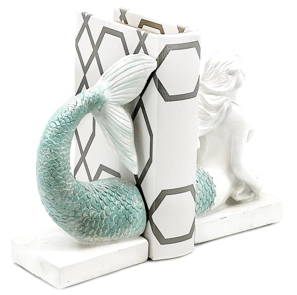 Mermaid Bookends Antique White Shelf Decor 9 Inch