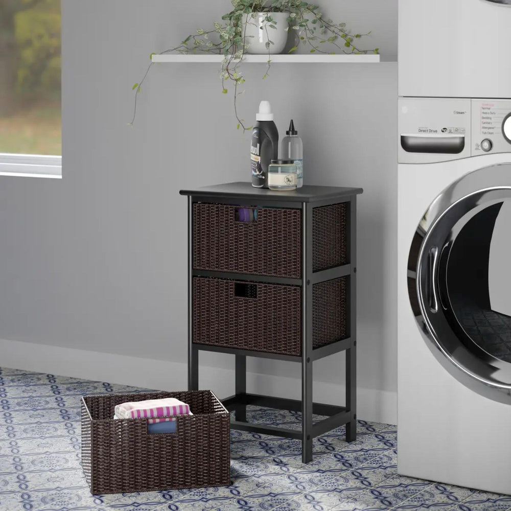 3-Tier Wood Storage Rack with Foldable Baskets – Black