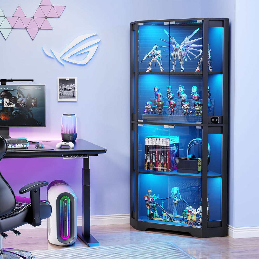 Corner Display Cabinet with LED Lights, 4-Tier Glass Curio Cabinet with Human Sensor, 65"H