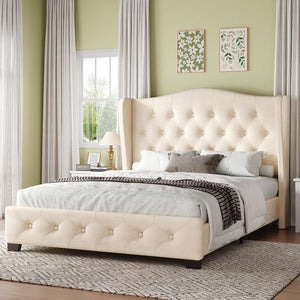 Queen Velvet Wingback Bed Frame with Tufted Headboard