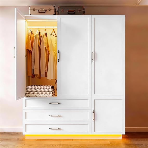 72" 3-Door Wardrobe with LED Light & Drawers