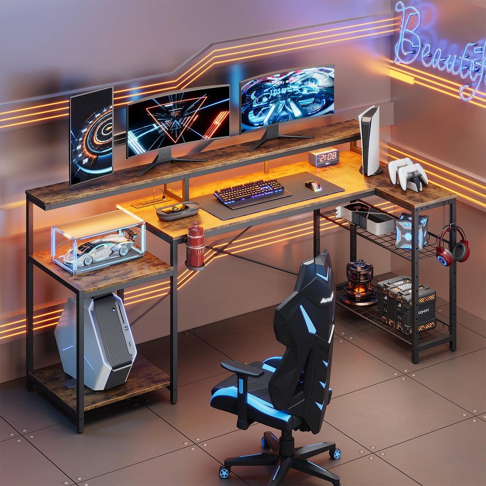 L-Shaped Corner Desk with Power Outlets, LED Strip & Monitor Stand