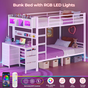 Twin Over Twin Bunk Bed with Desk & LED Light