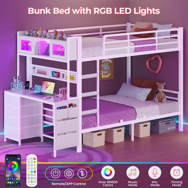 Twin Over Twin Bunk Bed with Desk & LED Light