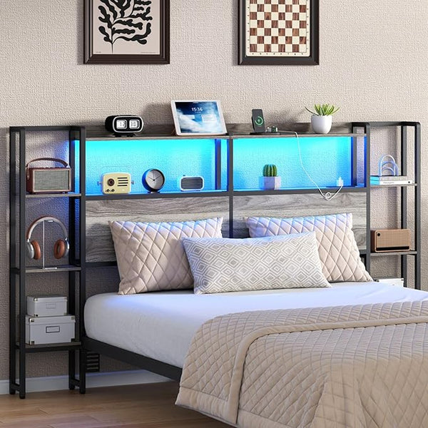 King Size Headboard with LED Lights, Charging Station & Storage Shelves