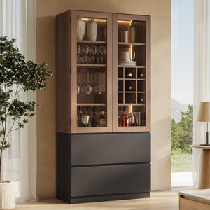 71" Tall Display China Cabinet with RGB LED & Glass Doors – Walnut