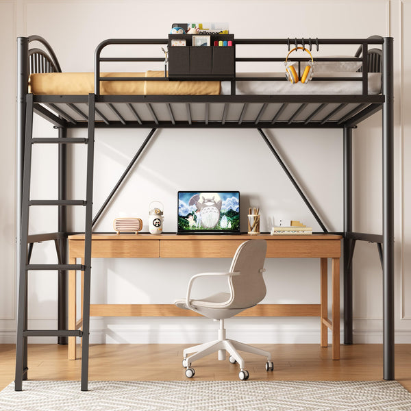 Twin Metal Loft Bed with Guardrails & Ladder