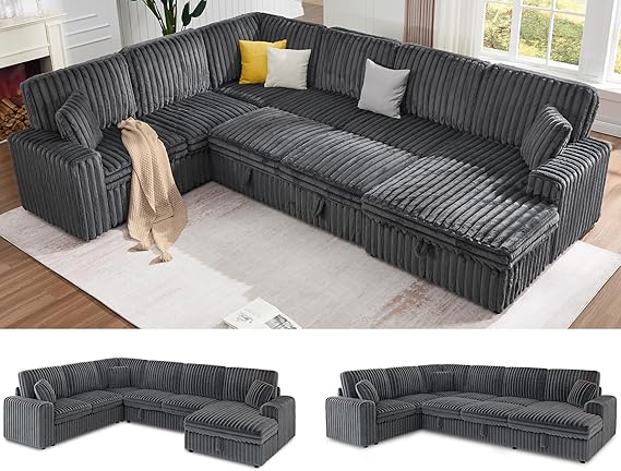 U-Shaped Sectional Sofa Bed with Storage, 6-Seater, 130"