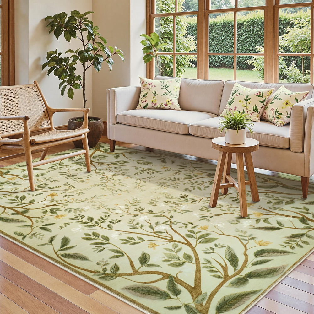 5x7 Washable Area Rug – Floral Botanical Soft Non-Slip
