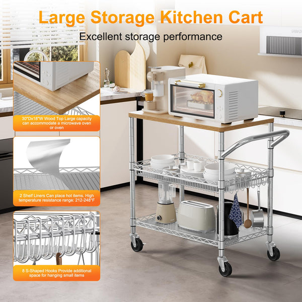 3-Tier Rolling Kitchen Cart with Wood Top