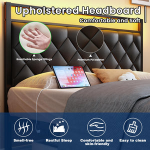 Queen Bed Frame with LED Lights, Charging Station & Upholstered Headboard