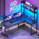 L-Shaped Corner Desk with Power Outlet & LED Lights