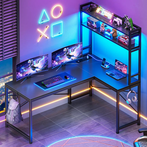 L-Shaped Corner Desk with Power Outlet & LED Lights