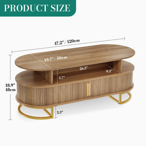 Oval Fluted Coffee Table with Sliding Door Storage & Gold Handles