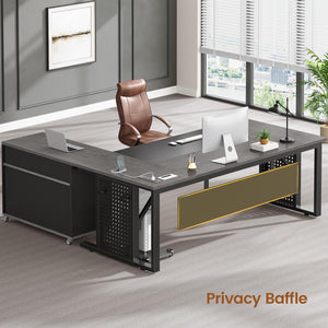 L-Shaped Executive Desk with Rolling File Cabinet & Power Outlets