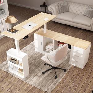 L-Shaped Electric Standing Desk with Drawers and Shelves, 63"