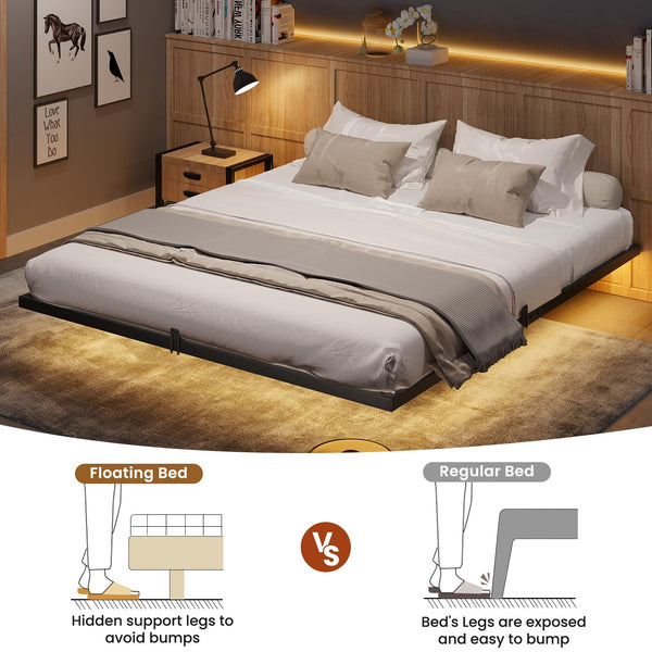 Floating Bed Frame with LED Lights – Metal Platform, Multiple Sizes