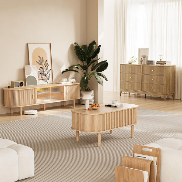 70-Inch Fluted TV Stand with LED Lights & Sliding Doors