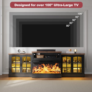 97" Farmhouse Fireplace TV Stand with 3-Sided Electric Fireplace & Storage Cabinets