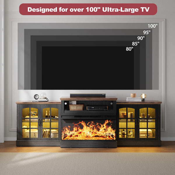 97" Farmhouse Fireplace TV Stand with 3-Sided Electric Fireplace & Storage Cabinets