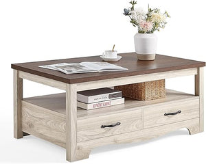 Farmhouse Coffee Table with Storage Drawers and Open Shelf