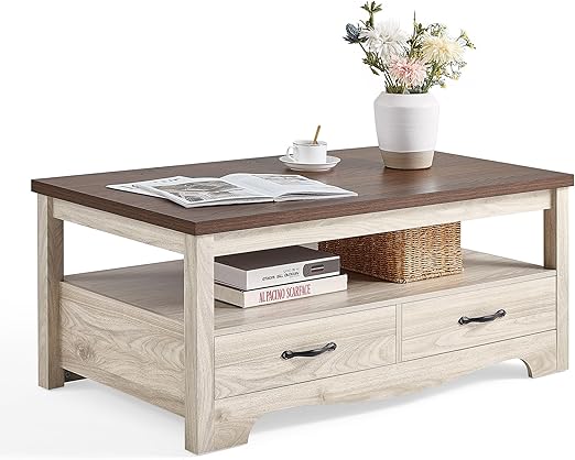Farmhouse Coffee Table with Storage Drawers and Open Shelf