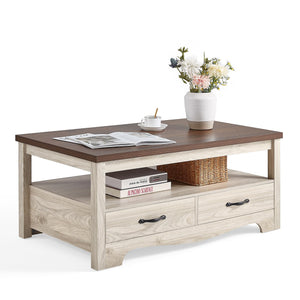 Farmhouse Coffee Table with Storage Drawers and Open Display