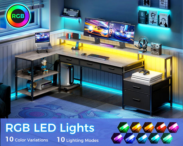L-Shaped Desk with File Drawers, LED Lighting & Power Outlet