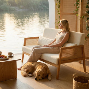 Small Loveseat with Rattan Armrests & Sherpa Fabric