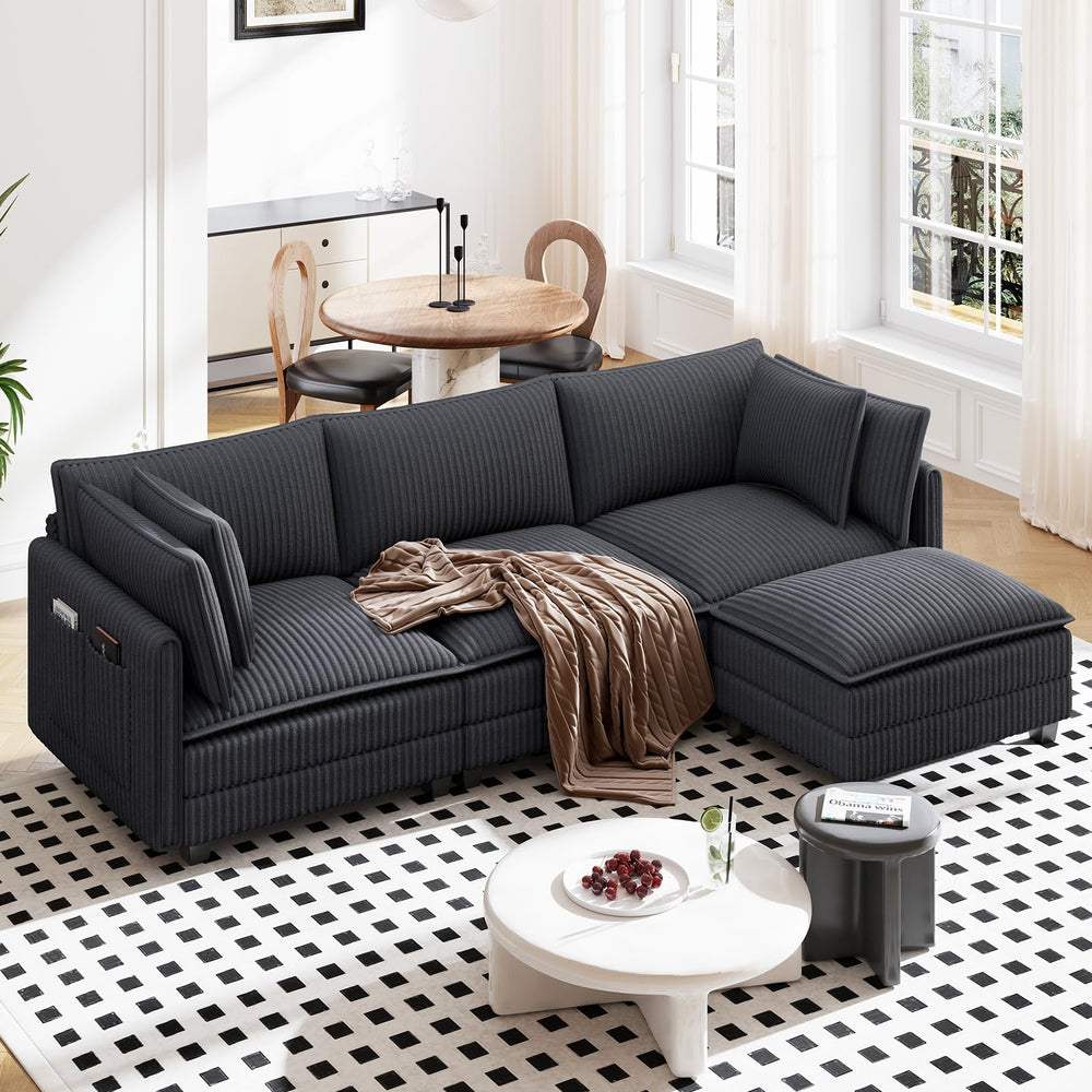 109" L-Shaped Corduroy Sectional Sofa with Ottoman