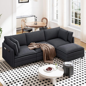 109" L-Shaped Corduroy Sectional Sofa with Ottoman