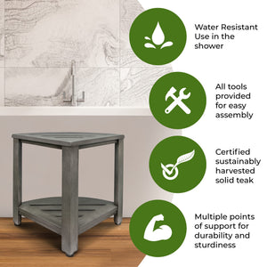 Corner Teak Wood Shower Bench with Two-Tier Shelf