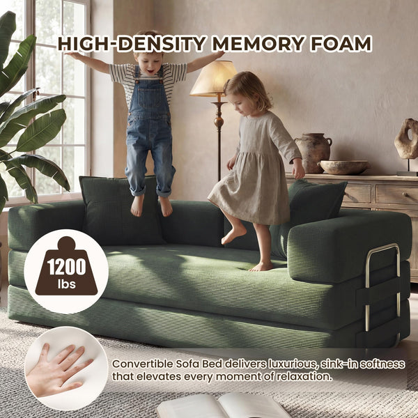 Convertible Sofa Bed with Pull-Out Sleeper | Corduroy Futon Couch | No Assembly