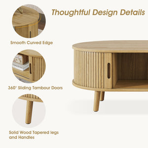 Oval Coffee Table with Sliding Tambour Door & Hidden Storage