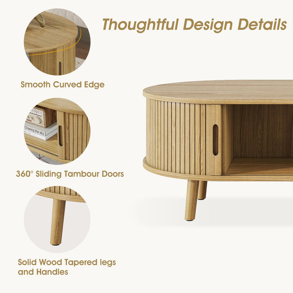 Oval Coffee Table with Sliding Tambour Door & Hidden Storage