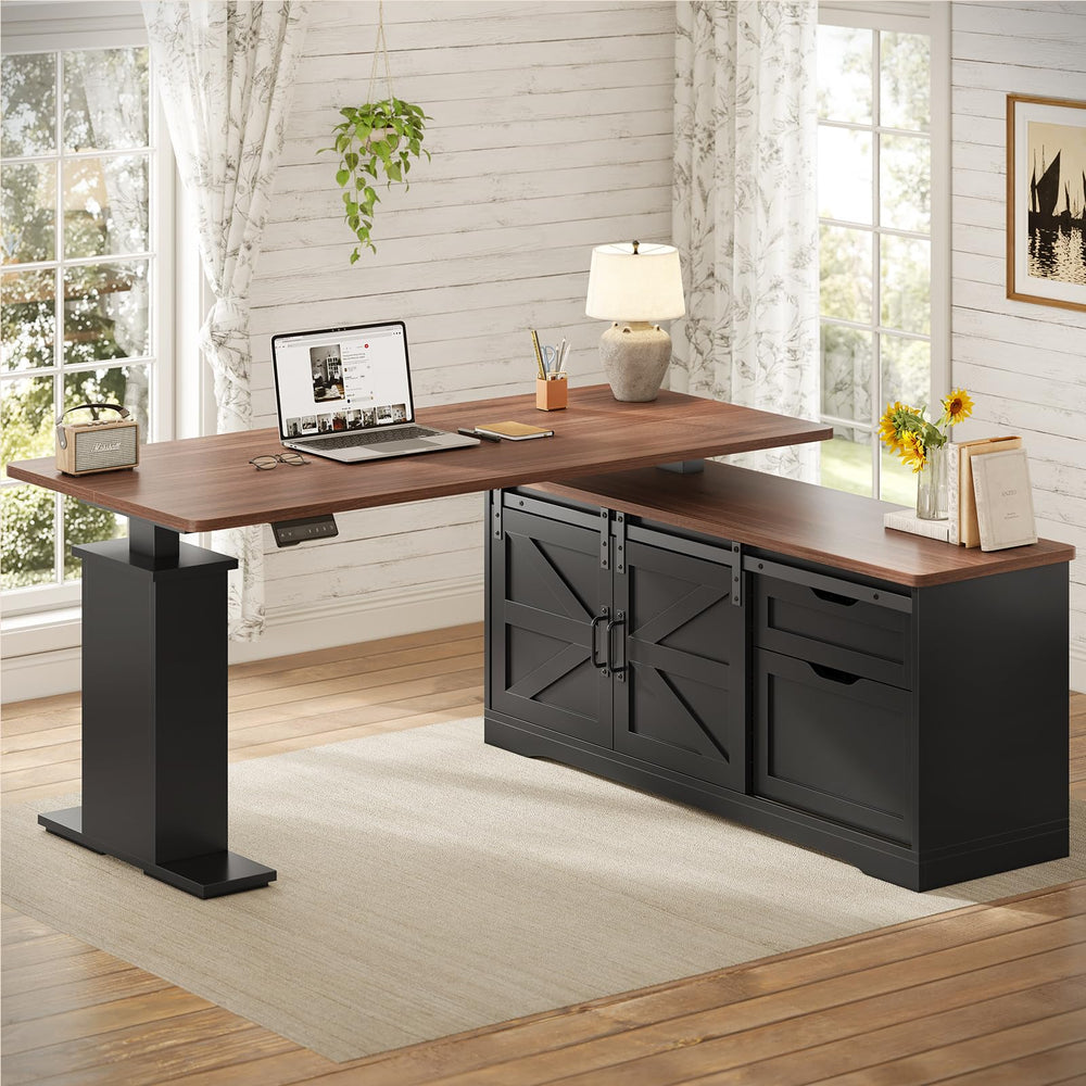 L-Shaped Standing Desk with Storage Drawers & Power Outlets