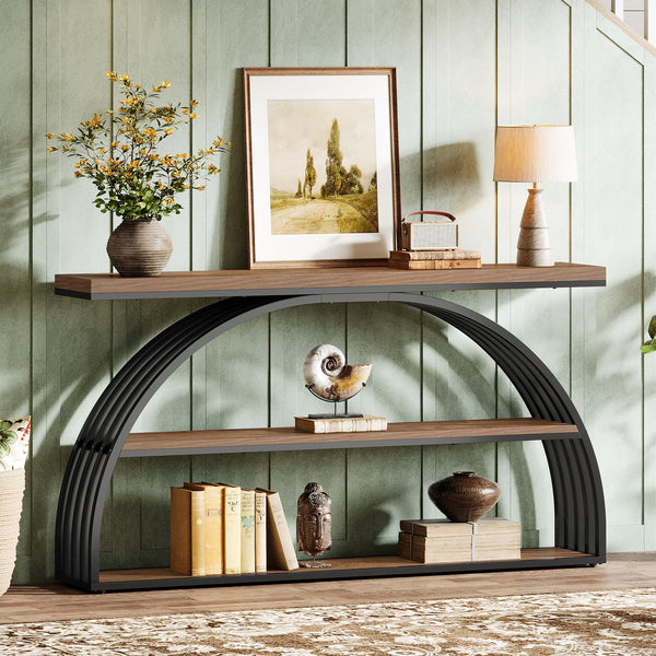 63-Inch Arched Console Table with 3-Tier Shelves